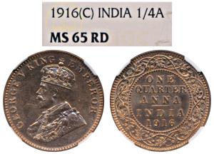 George V, Copper ¼ Anna, 1916, Calcutta Mint, (KM 512). Graded by NGC MS65 RD. Similar spe