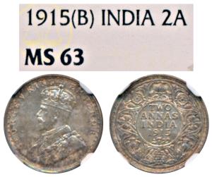 George V, Silver 2 Annas, 1915, Bombay Mint. Graded by NGC MS63.