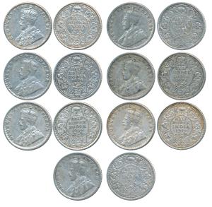 George V, Silver ½ Rupee (7), 1917, 1918, 1919, 1922, 1923, 1926, 1936. Fine+ to Very Fine
