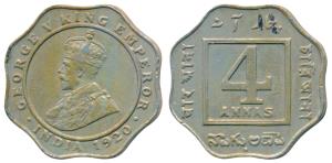 George V, Cupro Nickel 4 Annas, 1920, Bombay Mint. About Extremely Fine.