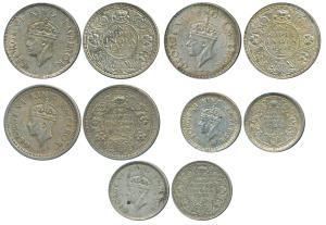George VI, Half Silver Rupee, (3) 1940, 1941, 1945; ½ Rupee (2) 1941, 1944. Very Fine. (6)