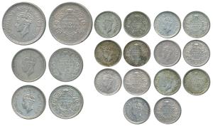 George VI, Half Silver Rupee, 1944; ½ Rupee, 1941 and 1945; ¼ Rupee 1943 (2) and 1944 (5).
