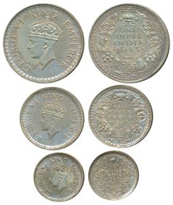 George VI, set of 3, Half Silver Rupee, ½ and ¼, 1943. Very Fine+. (3)