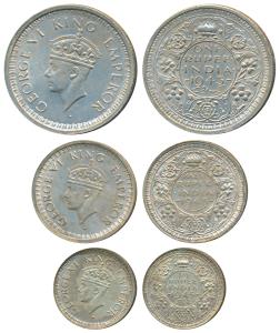 George VI, set of 3, Half Silver Rupee, ½ and ¼,, 1945. Very fine+. (3)