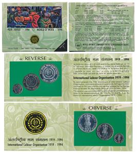 1994 Uncirculated Set, World of work, set of 3, Rupees 5 to 100. In immaculate condition, 