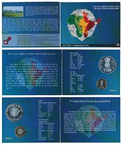 2015 Uncirculated Set, 3rd India Africa Forum Summit, set of 2, Rupees 10 and 500. In imma