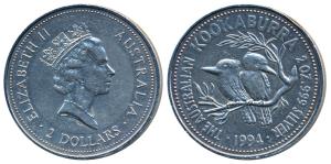 Australia, Queen Elizabeth II, Silver (Dollar) $2, 63.1g, 2 ounce, 1994, rev. Kookaburra b