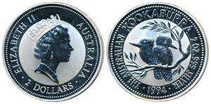 Australia, Queen Elizabeth II, Silver (Dollar) $2, 62.5g, 2 ounce, 1994, rev. Kookaburra b