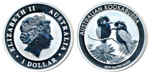 Australia, Queen Elizabeth II, Silver (Dollar) $1, 31.1g, 1oz, 2013, rev. Kookaburra bird 
