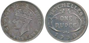 Seychelles, George VI, Half Silver Rupee, 11.66g, 1939, (KM 4). About Extremely Fine, Rare
