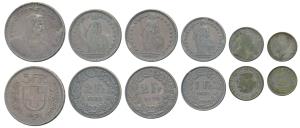 Switzerland, Silver, 5 Franks, 1931; Silver 2 Franks 1903 and 1920; 1 Frank 1921; Malaya 5