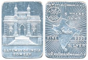 Silver Bar, Ms. Manilal Chimanlal & Co, 5 Tolas, 58.35g, obv. map of undivided India, rev.