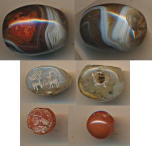 Modern, two Beads, of which one is carnelian, both with negative etching one with a human 
