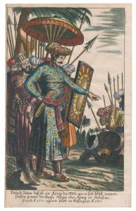 A later print of Olfert Dapper’s Copper Engraving of 1666, Mughal Emperor Aurangzeb with h
