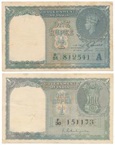 George VI, Rupee 1, 1947, signed C. E. Jones, serial number in green; Rupee 1, 1950, signe