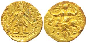 Kushanas, Vasudeva II (c. 290-310 AD), Gold ¼ Dinar, 1.96g, obv. king nimbate, standing fa
