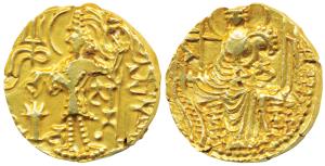Kushanas, Shaka (c. 305-335 AD), Gold Dinar, 7.84g, obv. king standing left, holding a tri
