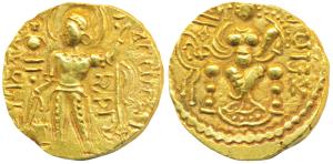 Guptas, Samudragupta, Gold Dinar, 7.60g, ’Standard’ type, obv. king nimbate standing left,