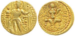 Guptas, Samudragupta, Gold Dinar, 7.65g, ’Standard’ type, obv. king nimbate standing left,