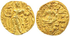 Guptas, Chandragupta II, Gold Dinar, 8.17g, ’Archer’ type, obv. king nimbate, standing lef