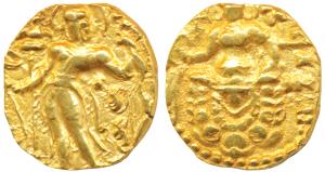 Guptas, Chandragupta II, Gold Dinar, 8.15g, ’Archer’ type, obv. king nimbate, standing lef