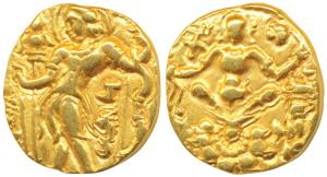 Guptas, Chandragupta II, Gold Dinar, 7.76g, ’Archer’ type, obv. king nimbate, standing lef