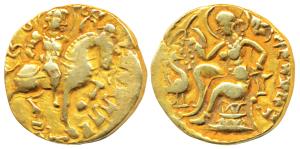 Guptas, Kumaragupta I c. 414-455 AD), Gold Dinar, 8.09g, ’Horseman’ type, obv. king nimbat