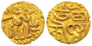 Imperial Cholas, Raja Raja I (985-1014 AD), Gold Double Fanam, 0.72g, obv. king standing l