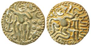 Imperial Cholas, Raja Raja I, Base Gold Kahavanu, 4.14g, obv. king reclining on mat with D