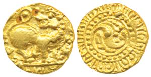 Kadambas of Hangal, Toyimadeva (1048-1075 AD), Gold Pagoda, 4.26g, obv. lion advancing rig