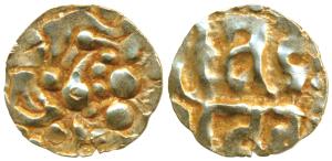 Kalchuris of Ratanapura, Prithvi Deva (1079 AD), Gold ¼ Dinar / Masha, 0.88g, obv. tiger m