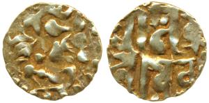 Kalchuris of Ratanapura, Prithvi Deva, Gold ¼ Dinar / Masha, 0.85g, obv. tiger mounted on 
