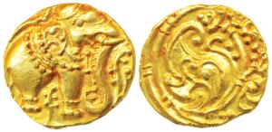 Western Gangas, Gold Gajapati Pagoda, 3.74g, obv. caparisoned elephant to right chewing su