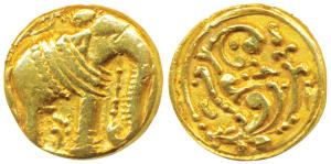 Western Gangas, Gold Gajapati Pagoda, 3.72g, obv. caparisoned elephant to right chewing su