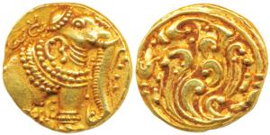 Western Gangas, Gold Gajapati Pagoda, 3.88g, obv. caparisoned elephant to right chewing su
