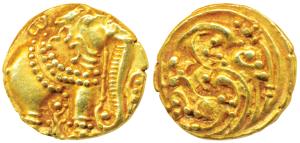 Western Gangas, Gold Gajapati Pagoda, 3.90g, obv. caparisoned elephant to right chewing su