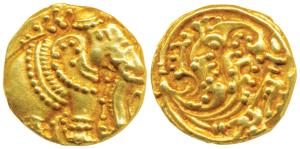 Western Gangas, Gold Gajapati Pagoda, 3.74g, obv. caparisoned elephant to right chewing su