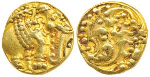 Western Gangas, Gold Gajapati Pagoda, 3.73g, obv. caparisoned elephant to right chewing su