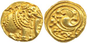 Western Gangas, Gold Gajapati Pagoda, 3.77g, obv. caparisoned elephant to right chewing su