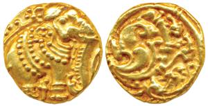 Western Gangas, Gold Gajapati Pagoda, 3.72g, obv. caparisoned elephant to right chewing su