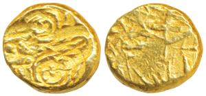 Telugu Chodas of Nellore, Bhujabala, Gold Pagoda, 3.56g, punch-marked type with two symbol