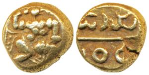 Telugu-Chodas of Nellore, Gold Pagoda, 3.37g, obv. warrior walking to right with upraised 
