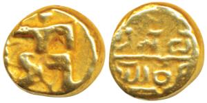 Telugu-Chodas of Nellore, Gold Pagoda, 3.41g, obv. warrior walking to right with upraised 