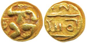 Telugu-Chodas of Nellore, Gold Pagoda, 3.38g, obv. warrior walking to right with upraised 