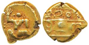 Vijayanagar, Bukka Raya I (1344-1377 AD), Gold Pagoda, 3.37g, obv. warrior walking to righ