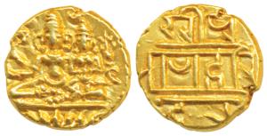 Vijaynagar Empire, Hari Hara II, Gold ½ Pagoda, 1.69g, obv. Shiva-Parvati seated, Siva hol