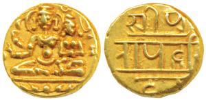 Vijaynagar Empire, Hari Hara II, Gold ½ Pagoda, 1.69g, obv. Shiva-Parvati seated, Siva hol