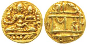 Vijaynagar Empire, Hari Hara II, Gold ½ Pagoda, 1.69g, obv. Shiva-Parvati seated, Siva hol