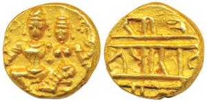 Vijayanagar Empire, Devaraya I (1406-1422 AD), Gold ½ Pagoda, 1.69g, obv. Shiva-Parvati se