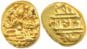 Vijayanagar Empire, Devaraya I, Gold Pagoda, 3.4g, obv. Shiva-Parvati seated, Siva holding